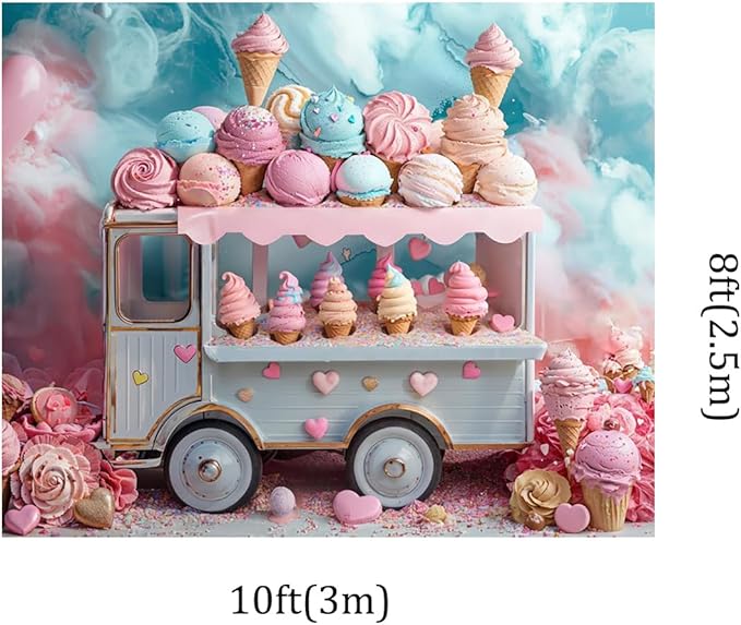 Kate 10x8ft Ice Cream Truck Happy Birthday Party Photography Backdrops Delicious Ice Cream Love Balloon Candy Photo Background Cake Smash Backgrounds