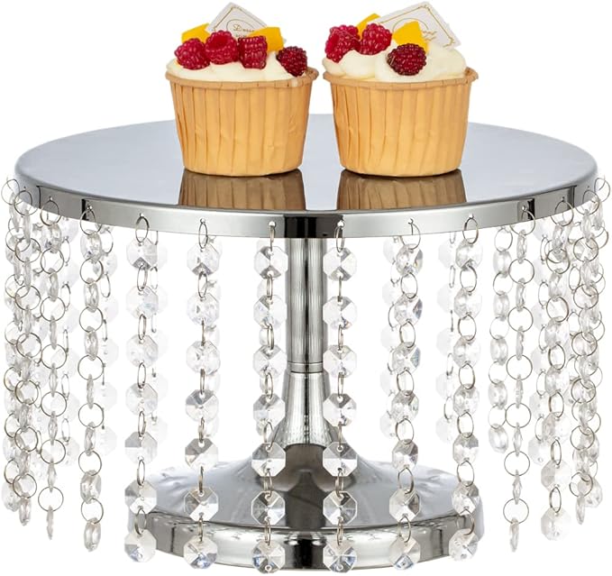 Cake Stand for Dessert Table 10 Inch Silver Crystal Pendants Metal Cake Stand Serves as A Round Dessert Cupcake Display Plate for Table, Wedding, Party, Event