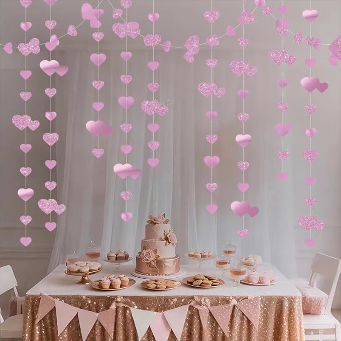 Pink Heart Garland Hanging Sparkling Love Streamer Glitter Bunting Banner Twinkle Heart Backdrop for Wedding Engagement Valentines Galentines Birthday Party Decor 40 Feet