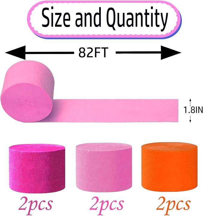 Hot Pink Orange and Pink Crepe Paper 6 Pcs Streamers for Party Decorations, Birthday Wedding DIY Crafts, Gift Wrapping Supplies