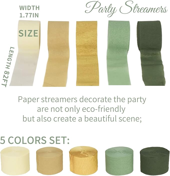 Birthday Baby Shower Decorations, Sage Green Gold Crepe Paper Streamers Party Decorations(5 Rolls) for Camp Bachelorette, Bridal Shower,Engagement Woodland Safari Boho Party Decor Women Adults