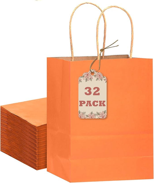 qiqee 32Pcs Small Size Orange Kraft Paper GIft Bags with Handles - 8.3"x6"x3.15" Kraft Small Party Bags