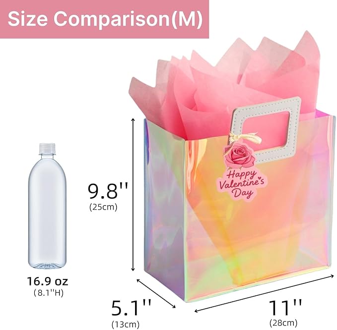 VUOJUR 11'' Medium Valentines Day Gift Bag for Women Girl Reusable Holographic Valentine Bag
