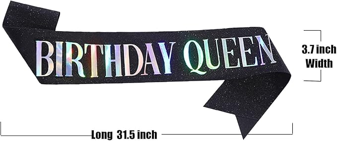 MGJSRNH 'Birthday Queen' Sash for Women,Black Glitter Satin Multicolour Foil Sash,Happy Birthday Princess Party Decorations 16, 18,21,30,40,50 or Any Other Bday Party