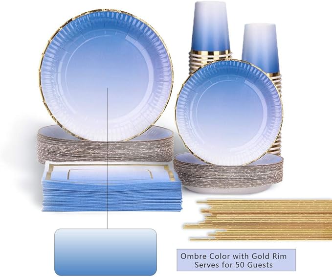 Ottin 250PCS Ombre Royal Blue Party Supplies - Paper Plates and Napkins Set for Birthday, Wedding, Bridal Shower, Mother's Day, Blue Themed Party