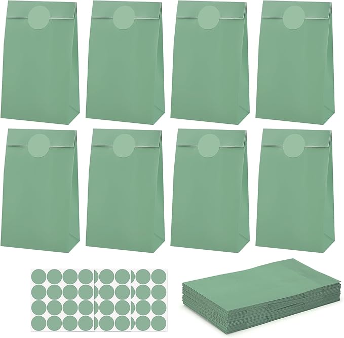 woric 36PCS Sage Green Party Favor Bags with Stickers Small Paper Gift Bags Self Stand Goodie Bag for Kids, Baby Shower, Wedding Birthday Party Favor Supplies