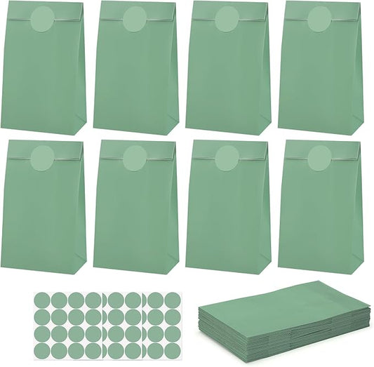 woric 36PCS Sage Green Party Favor Bags with Stickers Small Paper Gift Bags Self Stand Goodie Bag for Kids, Baby Shower, Wedding Birthday Party Favor Supplies