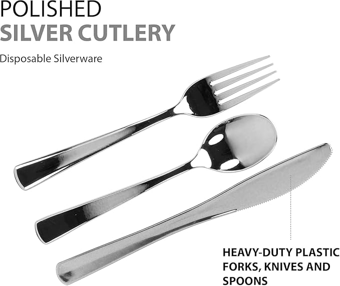 960 Piece Silver Plastic Silverware, Extra Heavyweight Disposable Cutlery Set, Full Size Silver Flatware Combo, 480 Forks 240 Spoons 240 Knives, Bulk Party & Wedding Utensils
