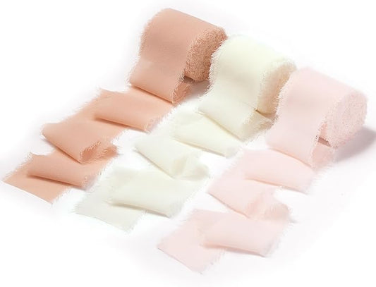DORIS HOME Pink and Cream Chiffon Ribbon for Flower Bouquet, 2" x21Yd Fabric Ribbon for Gift Wrapping, Handmade Frayed Ribbon for Wedding/Christmas Decorations
