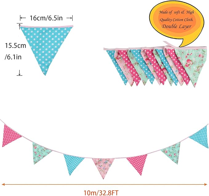 Zwiebeco 32Ft Pink Blue Circle Dots Floral Fabric Bunting Triangle Flags Cotton Flowers Pennant Banner Decorations for Birthday Wedding Engagement Tea Party Spring Rustic Village Home Garden Décor