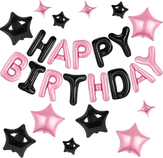 CANREVEL Happy Birthday Banner 13pcs 16 Inch Mylar Foil Letters with 12pcs Star Balloons Birthday Party Decorations for Kids and Adults - 3D Black Pink