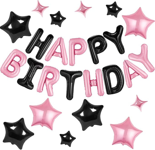 CANREVEL Happy Birthday Banner 13pcs 16 Inch Mylar Foil Letters with 12pcs Star Balloons Birthday Party Decorations for Kids and Adults - 3D Black Pink