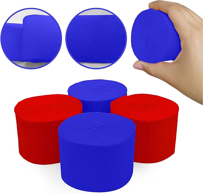 4 Crepe Paper Streamers Rolls, 328ft Pack of Red and Blue Crepe Paper for Birthday Graduation 4th of July Independence Day Baby Shower Wedding Party Decorations (1.8 inch x 82 ft/Roll)