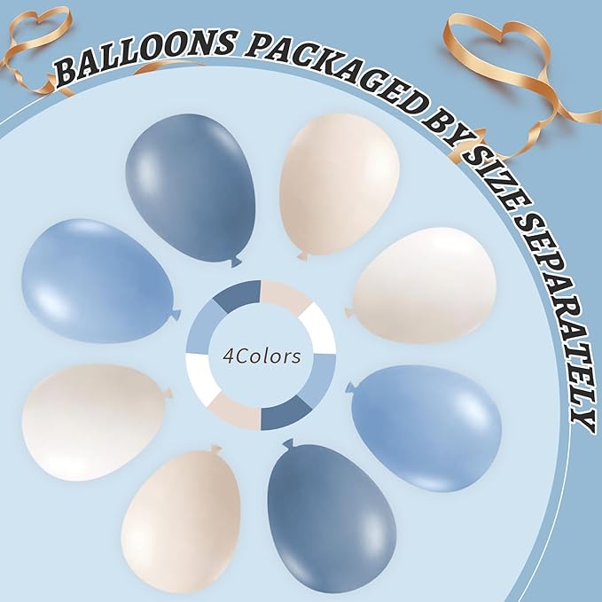 412Pcs Dusty Blue White Sand Balloon Arch Garland Kit,18 12 10 5 Inch Slate Fog Baby Blue Macaron Blue Sand White for Birthday Baby Shower Wedding Bridal Gender Reveal Decorations