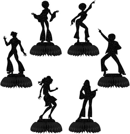 6Pcs 70's Disco Dancing Honeycomb Table Centerpiece - Glitter 80's Disco Dancer Table Toppers Honeycomb Centerpieces for Party Decor Celebrations（Black）