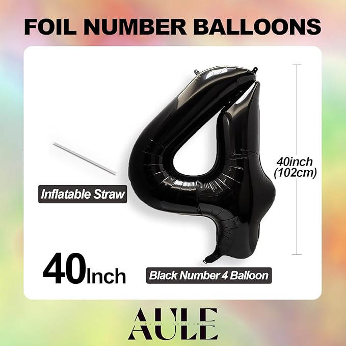 AULE 40 Inch Big Black 4 Balloon Number Large Foil Helium Number Balloons 0-9 Jumbo Giant Happy 4th Birthday Party Decorations for Boy or Girl Huge Mylar Anniversary Party Supplies