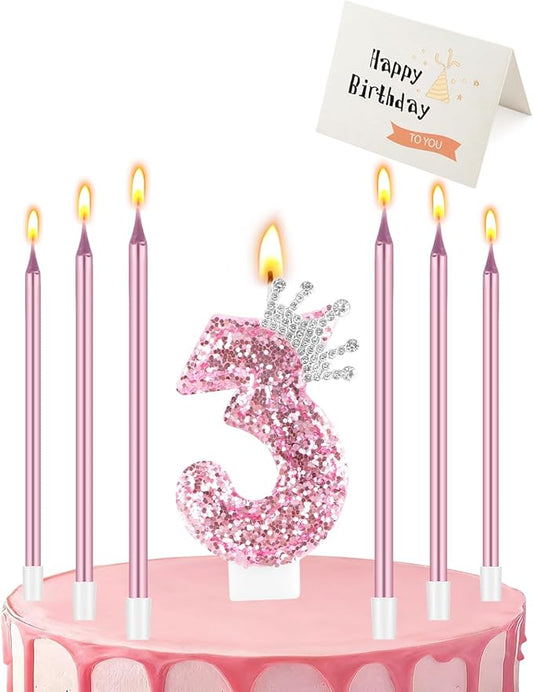 Birthday Candles for Cake, Pink Number Candles, Cake Candles with Greeting Card for Birthday Party Wedding Anniversary Celebrations (3 Candle, Silver Crown)