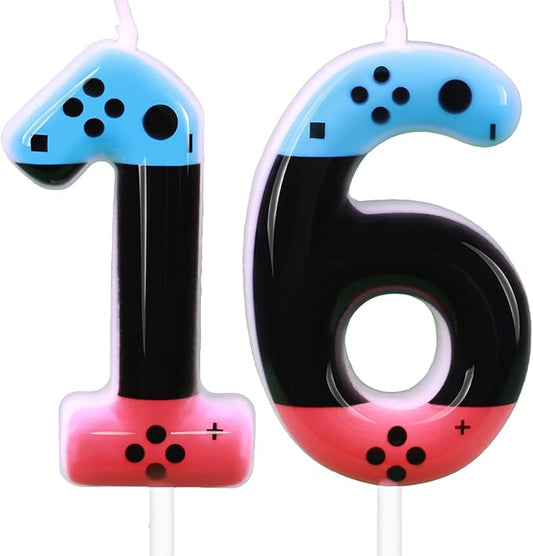 Gaming Candle,Level 16 Number Birthday Cake Candles,16 Birthday Decorations for Boys,16th Birthday Candle Gamepad Birthday Candles,Video Game Controller Themed Birthday Party Supplies (Number 16)