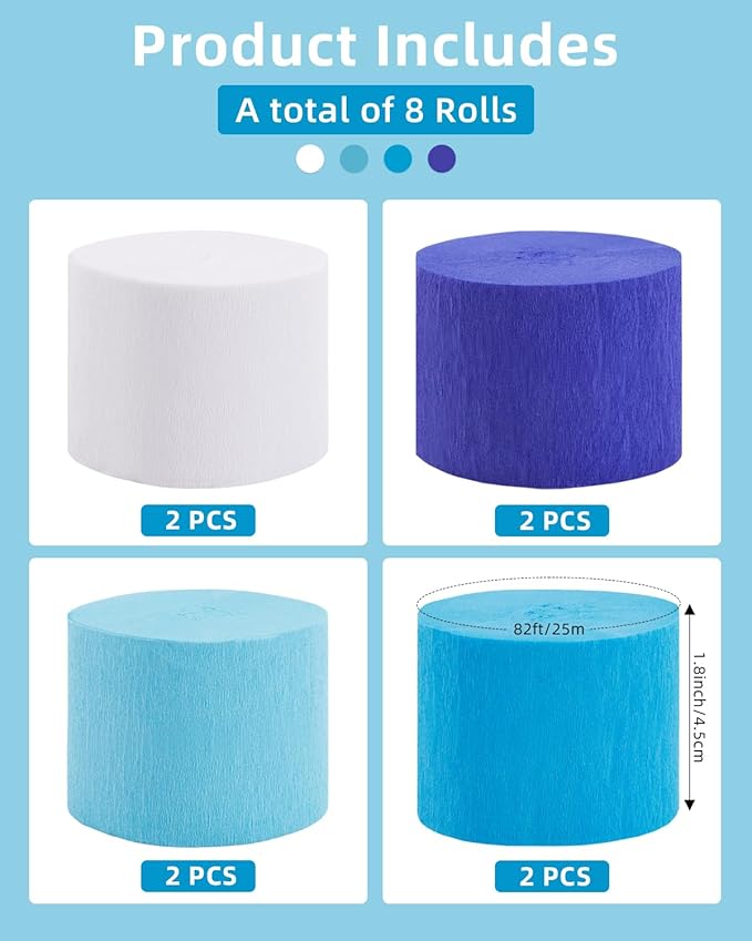 8 Rolls Crepe Paper Streamers Party Decorations, 1.77 Inch x 656 Feet Crepe Streamers, Blue Streamers Birthday Party Decorations