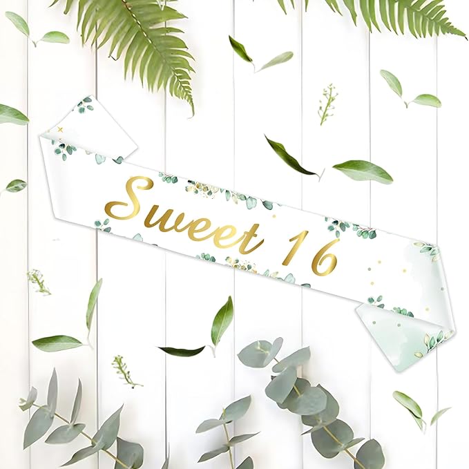 Sage Green 16th Birthday Decorations Sweet 16 Birthday Sash for Girls Women Greenery 16th Birthday Party Favors Happy 16-Year-Old Bday Party Decoration Supplies Photo Prop Photography