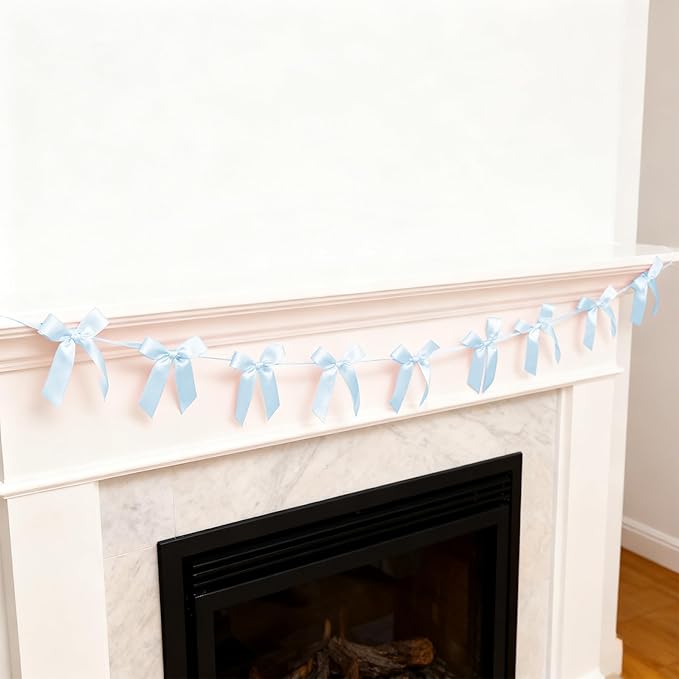2pcs Blue Bow Garland Banner - 8.3 Feet Coquette Ribbon Bow Decorations for Baby Shower, Birthday Party, Bridal Shower Decor (Blue)