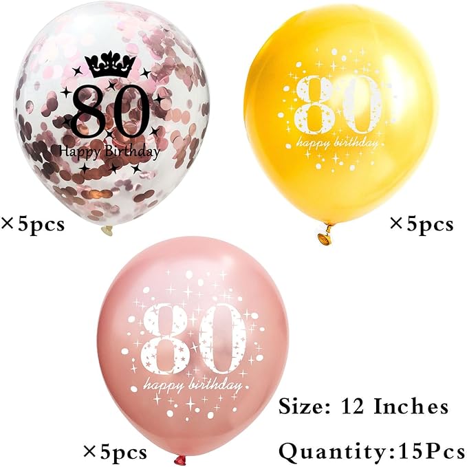 SHUNTAI 80th Birthday Balloons Rose Gold 80th Birthday Decorations for Women Her Latex Confetti Balloon 80 Year Old Anniversary Theme Happy Birthday Party Supplies 15 Pack 12 Inch