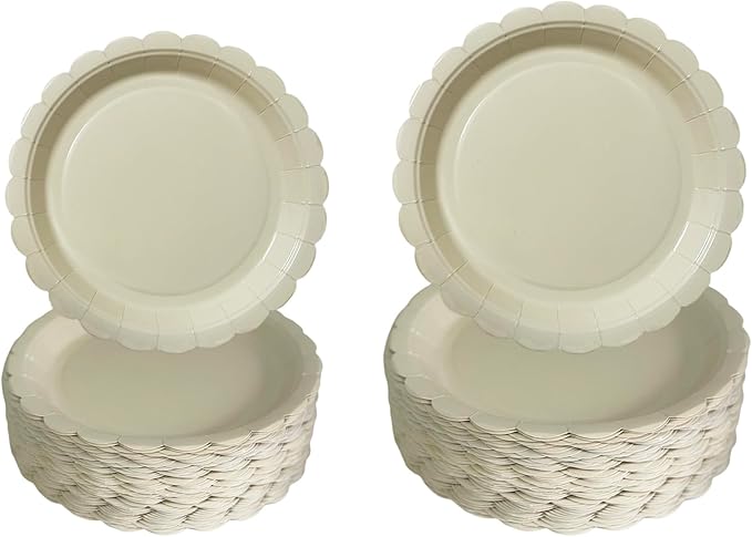 100 Pcs Scalloped Paper Plates, 7 Inch & 9 Inch Beige Paper Plates, Premium Heavy Duty Disposable Dessert Plates for Wedding, Valentine's, Birthdays, Baby Showers, Parties (Beige, 7 In & 9 In)