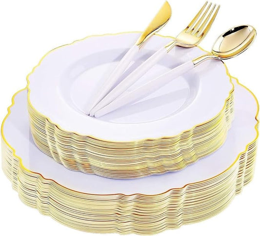 WDF 30Guest Gold Plastic Plates - High-end Baroque Design - 10.25&7.5in Wedding White and Gold Plates Disposable for Birthday/Baby Shower/Wedding/Party