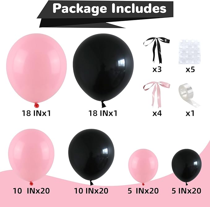 HILAVO Pink and Black Balloons Arch Kit Bow Balloon Garland Coquette Bow Balloons Ribbon Pastel Baby Light Pink Black Party Balloon for Coquette Birthday Wedding Baby Shower Bridal Shower Party Decor