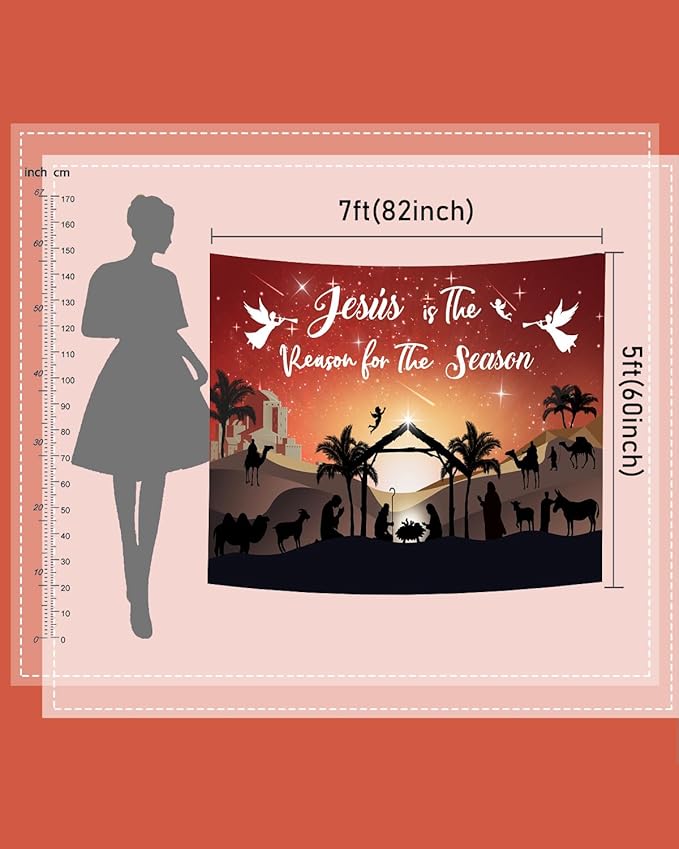 Mocsicka Christmas Nativity Backdrop Blue Large Merry Christams Party Decorations Banner Xmas Christmas Jesus is The Reason for The Season Background Photo Booth (Red, 8x6ft(96"x72"))