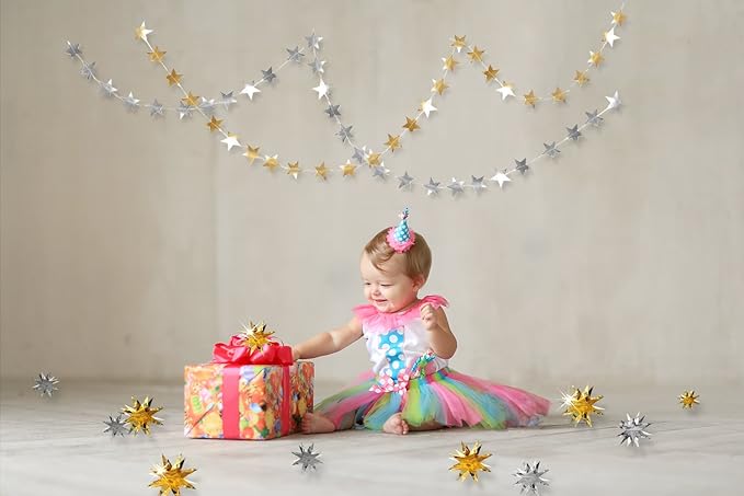 pinkblume Gold Party Decorations Star Garlands Streamer Gold 3D Stars Metallic Paper Hanging Bunting Banner for Birthday Wedding Baby Bridal Shower Holiday Christmas Ramadan EID Mubarak Party Supplies
