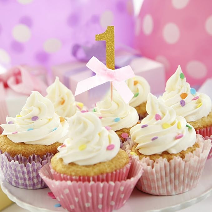Number One Cupcake Toppers Glitter With Pink Ribbon Bow 1st One Birthday Decorations Kids' Gathering DIY Home Theme Party Food Fruit Cake Picks for Baby Shower Decor (20PCS Gold)