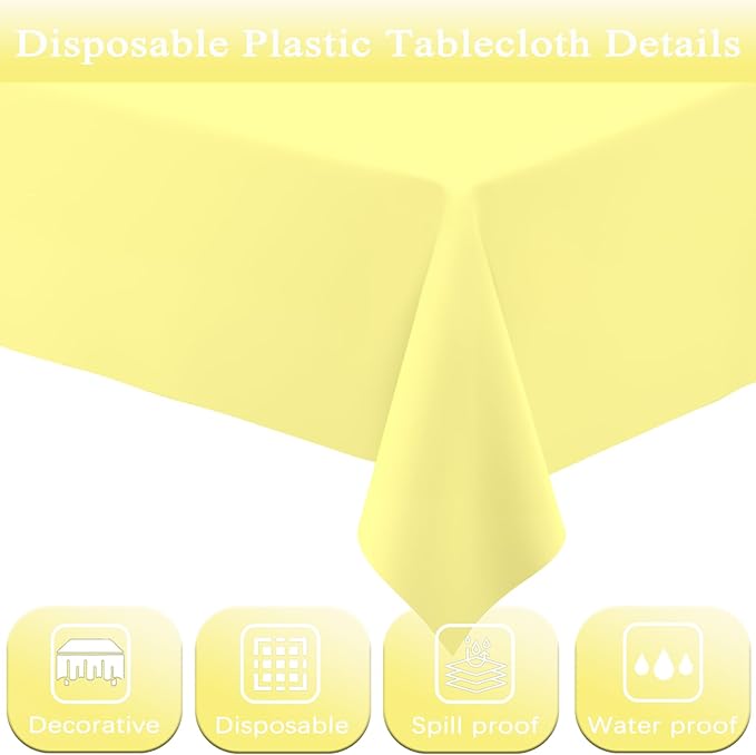WNINK 2 Pack Light Yellow Rectangular Plastic Tablecloths, Yellow Disposable Table Covers 54" x 108" for Birthday, Bridal Shower, Engagement Wedding, Picnic Parties and 8 ft Table Use