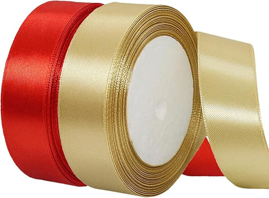 Gold Christmas Ribbon, Gold Red Satin Ribbon 1 Inch 50 Yards Fabric Ribbons for Christmas Party Decorations, Gift Wrapping, Tree Ornaments, Bouquets, Door Wreaths, Bows Making and DIY Crafts