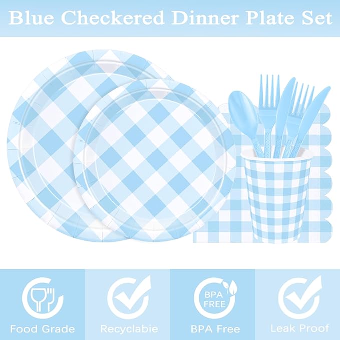 175 Pcs Gingham Party Supplies for 25 Guests, Paper Plates and Napkins Knives Spoons Forks Cups Disposable Party Set Cutlery for Baby & Bridal Shower, Wedding, Birthday Party, Outdoor Picnic ( Blue )