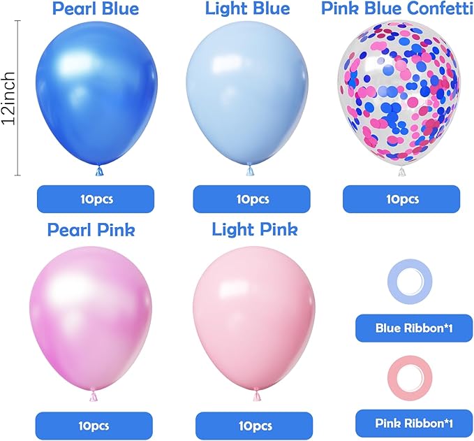 Hiquaty Pink and Blue Balloons, 50pcs Light Pink Balloons,12 inch Gender Reveal Balloons,Light Blue Balloons with Ribbon for Birthday Wedding Baby Shower Party Decoration