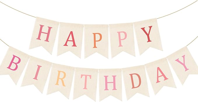 Doumeny Happy Birthday Burlap Banner Boho Birthday Garland Bunting Ombre Pink Bohemian Party Garland Banner Multicolor Happy Birthday Sign Flag Birthdays Hanging Bunting for Home Wall Mantel Fireplace