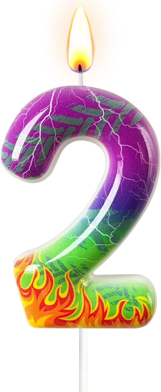 Number 2 Birthday Candle for Cake – Purple Green Flame Design with Lightning & Tire Track Pattern – Off-Road Truck Theme Cake Topper for Birthday Party Decoration