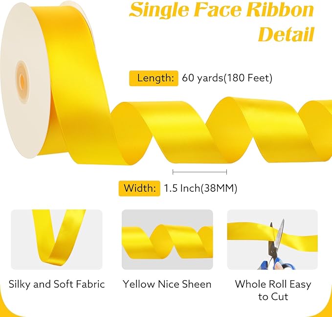 woric Yellow Satin Ribbon 1 1/2 Inch 60 Yards Yellow Fabric Bows for Mothers Day Graduation Crafts Gift Wrapping Flower Bouquet Memorials Harvest Party Holiday Decorations