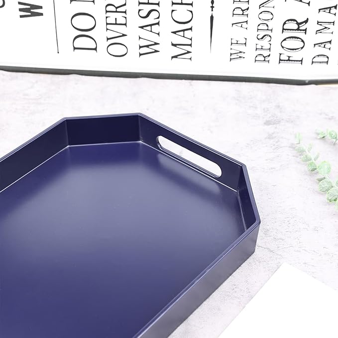 Navy Blue Octagonal Serving Tray with Handles for Coffee Table, Plastic Decorative Tray for Ottoman, Kitchen Counter, Living Room, Outdoor Lacquer Tray for Entertaining