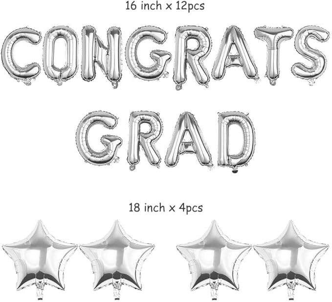 CONGRATS GRAD Silver Balloon Gift Set - Perfect Graduation Gift - Complete 19-Piece Party Kit with 16” Letters + 18" Stars - Ready-to-Give Celebration Package 2026