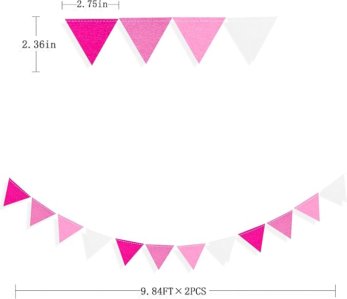 Hot Pink Party Decorations - Ombre Rose Pink Felt Hanging Triangle Mini Bunting Pennant Banner Flag for Birthday, Wedding, Baby Shower, Bridal Shower, Bachelorette, Girl Party, Classroom