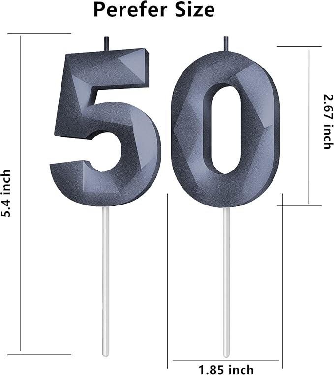 Number Birthday Candles(50 Candle Black) 3D Diamond Shape 50th Happy Birthday Cake Topper Decorations for Women Men Birthday Wedding Anniversary Celebration Theme Party Supplies