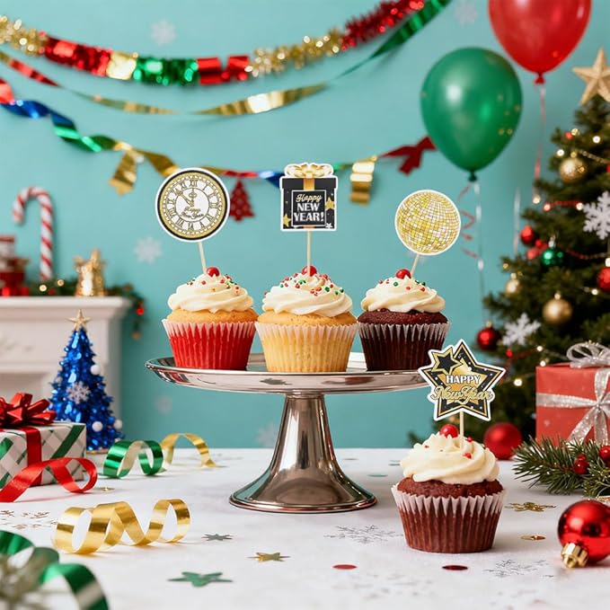 Happy New Year 2026 Cupcake Toppers, 24 PCS Happy New Year Decorations, Black and Gold Cupcake Toppers Cake Decorations Food Picks for New Year's Eve 2026 Party Decoration Supplies, 8 Designs