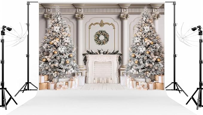 Kate 7×5ft (2.2×1.5m) Christmas Tree Photo Backdrop Xmas Palace Classic Indoor White Fireplace Gifts Decoration Photography Background for Christmas New Year Photographer Studio Props