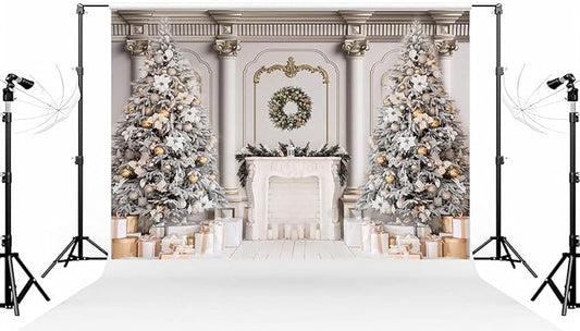 Kate 7×5ft (2.2×1.5m) Christmas Tree Photo Backdrop Xmas Palace Classic Indoor White Fireplace Gifts Decoration Photography Background for Christmas New Year Photographer Studio Props