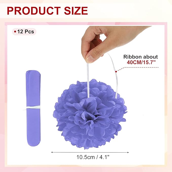 PATIKIL 4inch Tissue Paper Pom Poms, 12PCS Pom Poms Paper Flowers Ball Tissue Paper Flowers for Wedding Bridal Shower Birthday Bachelorette Party Backdrop Decoration, Purple