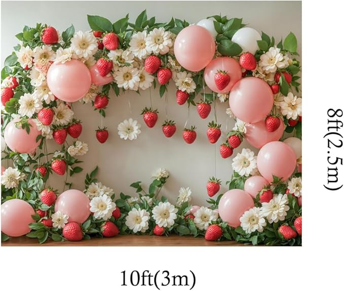 Kate 10x8ft Happy Birthday Party Pink Balloons Photography Backdrops Spring Flowers Wall Strawberry Decoration Kids Baby Shower Photo Background