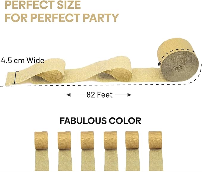 Captain Décor 6 Gold Streamers 492ft Pack of Gold Crepe Paper Rolls for Decorations, Party Streamer, Birthday & Party Decor(1.8 inch x 82 ft/Roll)