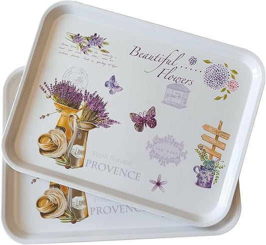 Large Serving Platter Melamine Trays 2 Pack Stackable Food Tray with Floral Print for Gift, Party, Decor, Home, Restaurant (Purple Lavender, Medium)